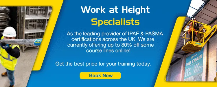 A blue and yellow promotional image for up to 80% off Work at Height courses with HSS Training