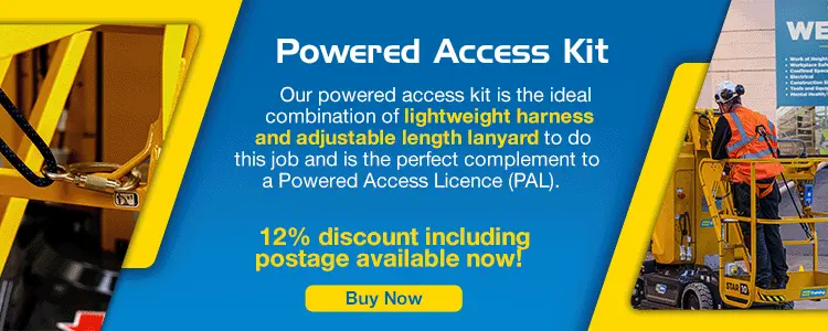 A blue and yellow promotional image for 12% off powered access kits from HSS Training
