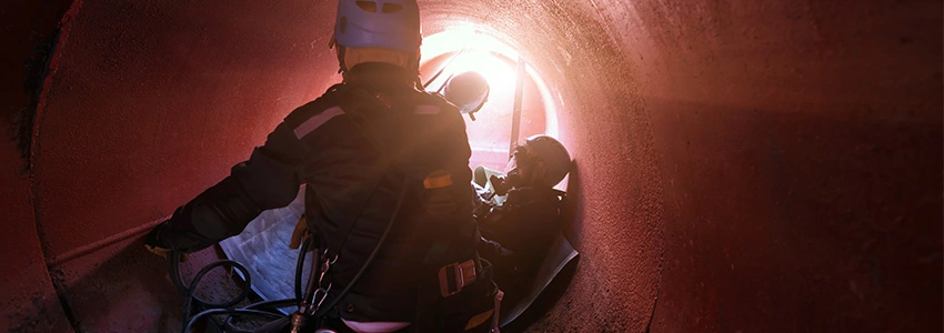 Two delegates in a tunnel wearing PPE on a HSS Training Confined Spaces course